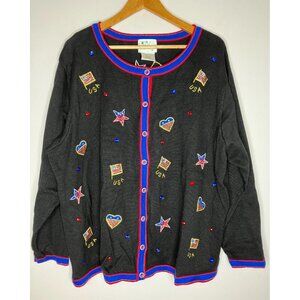 The Quacker Factory USA Patriotic Womens 2XL Black Button Cardigan Sweater Beads